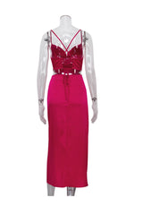 Rosafarbenes, gekreuztes Camisole-Kleid aus Satin mit Bindeband