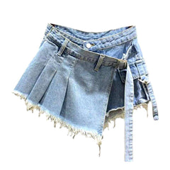 Asymmetric pleated mini denim skort