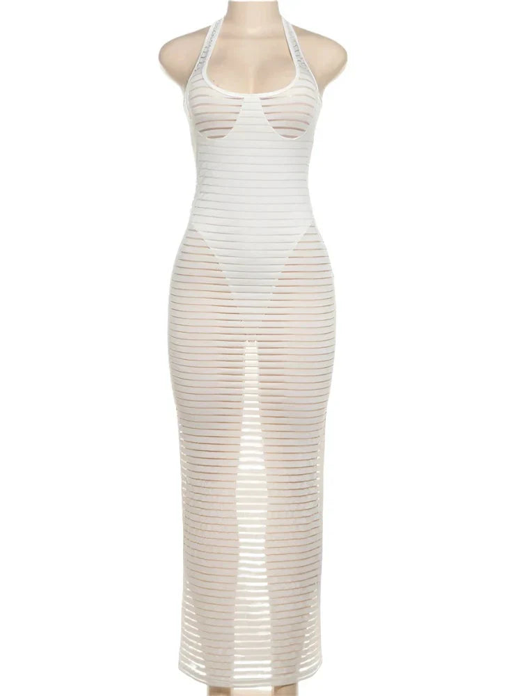 Weißes, transparentes, gestreiftes Maxikleid