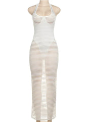 Weißes, transparentes, gestreiftes Maxikleid