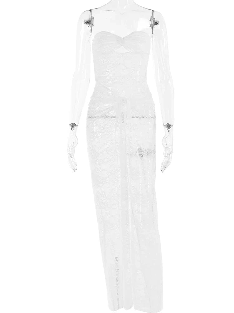 Lace Hollow Out Ruched Maxi Dress