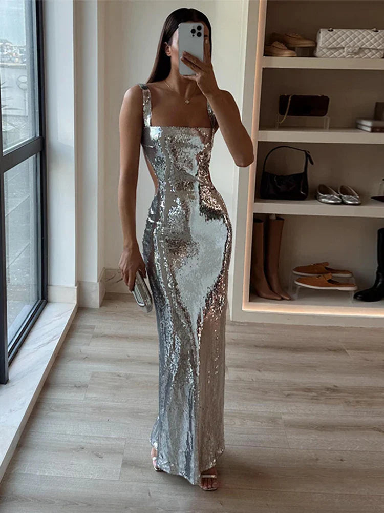 Silbernes Maxikleid