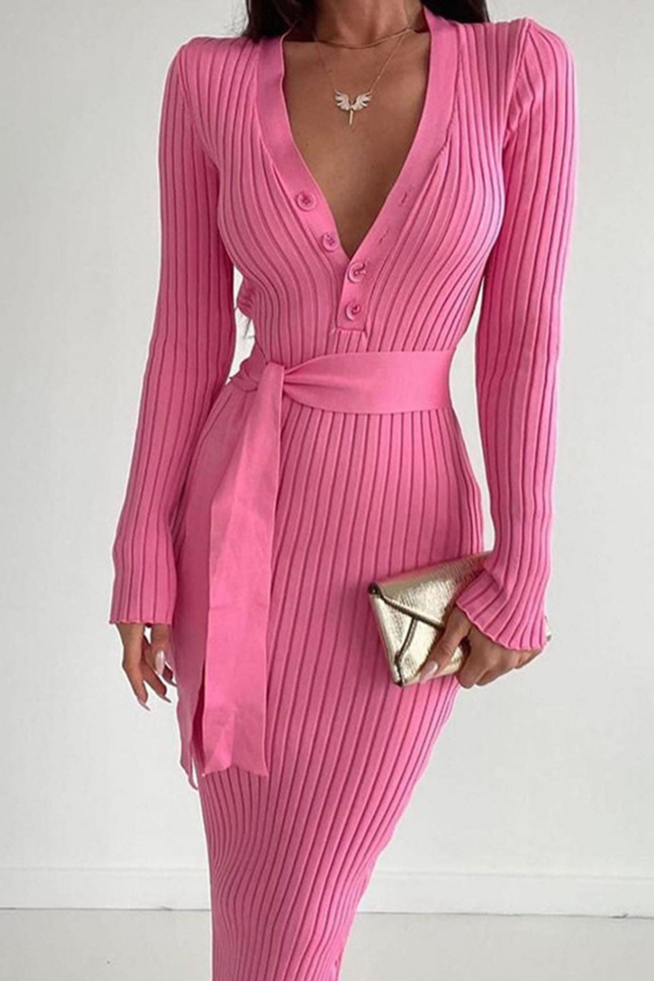 Single-breasted Tie-waist Ribbed Knit Dress