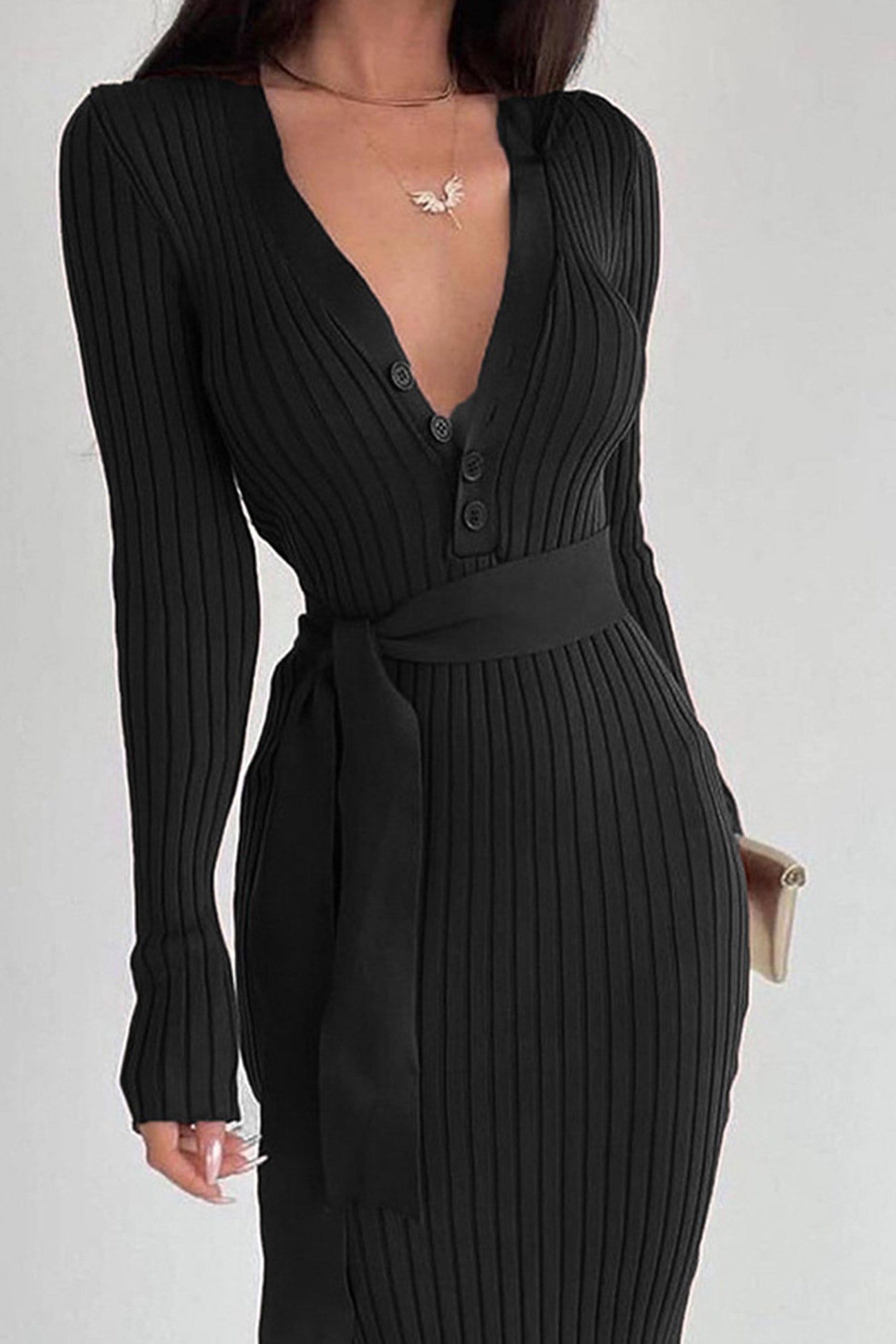 Single-breasted Tie-waist Ribbed Knit Dress