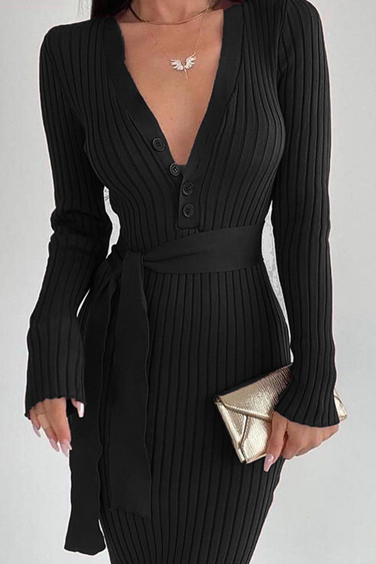 Single-breasted Tie-waist Ribbed Knit Dress