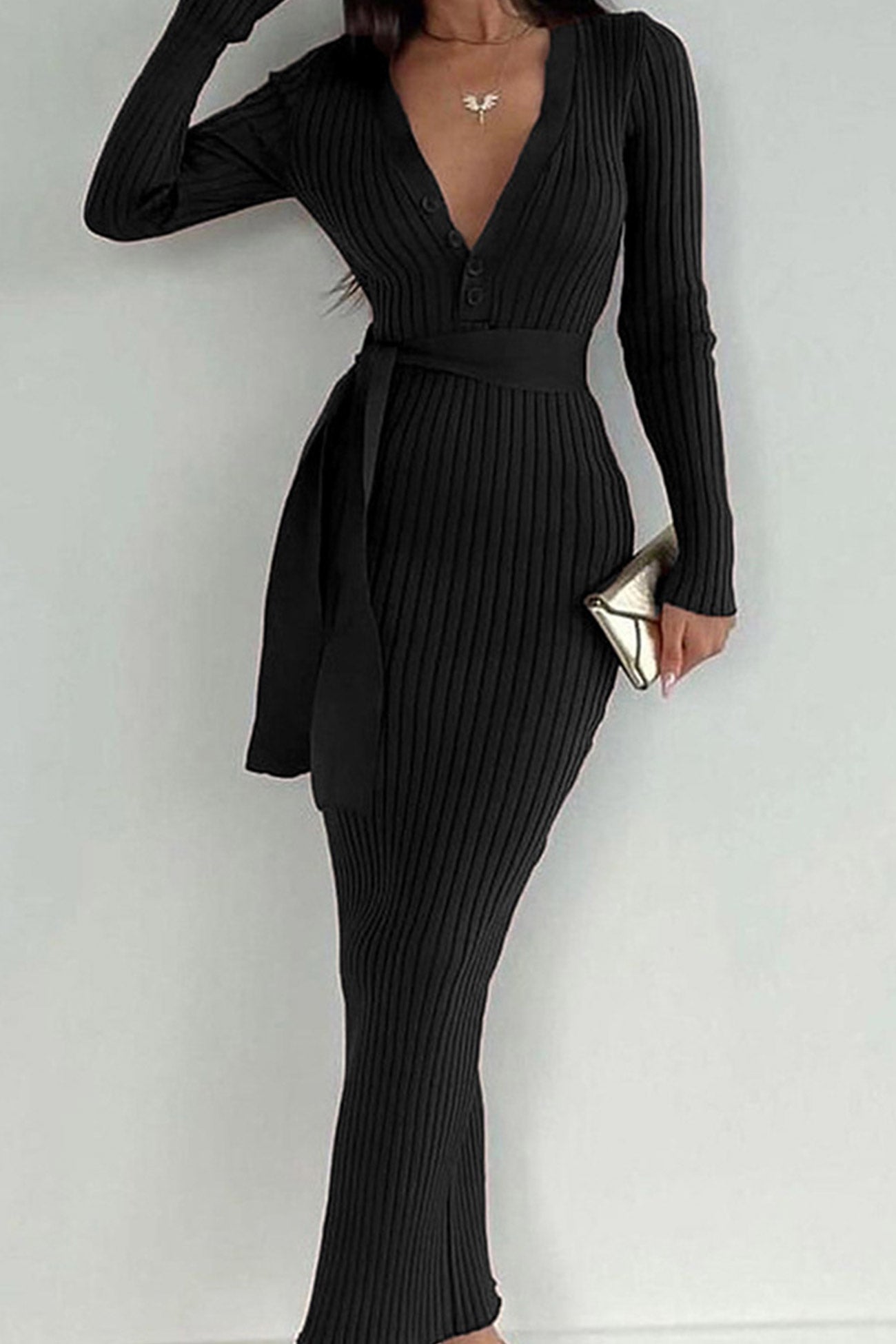 Single-breasted Tie-waist Ribbed Knit Dress