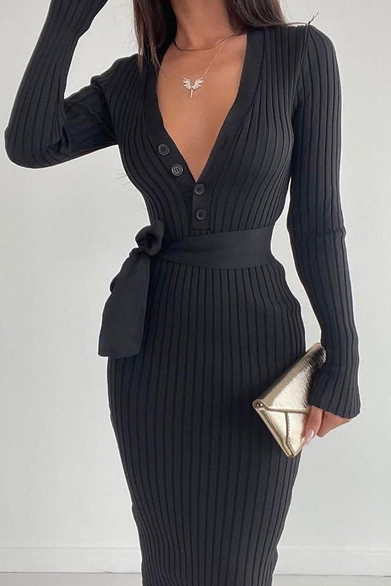 Single-breasted Tie-waist Ribbed Knit Dress