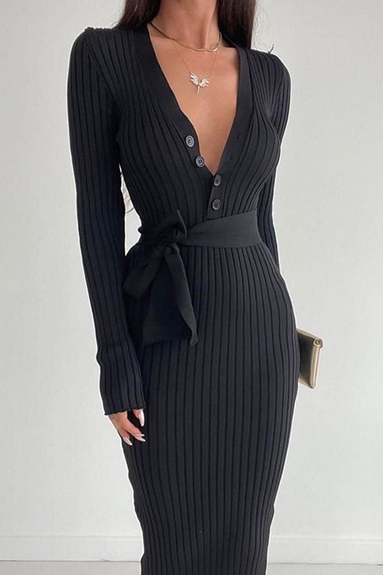 Single-breasted Tie-waist Ribbed Knit Dress