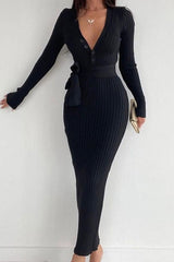 Single-breasted Tie-waist Ribbed Knit Dress