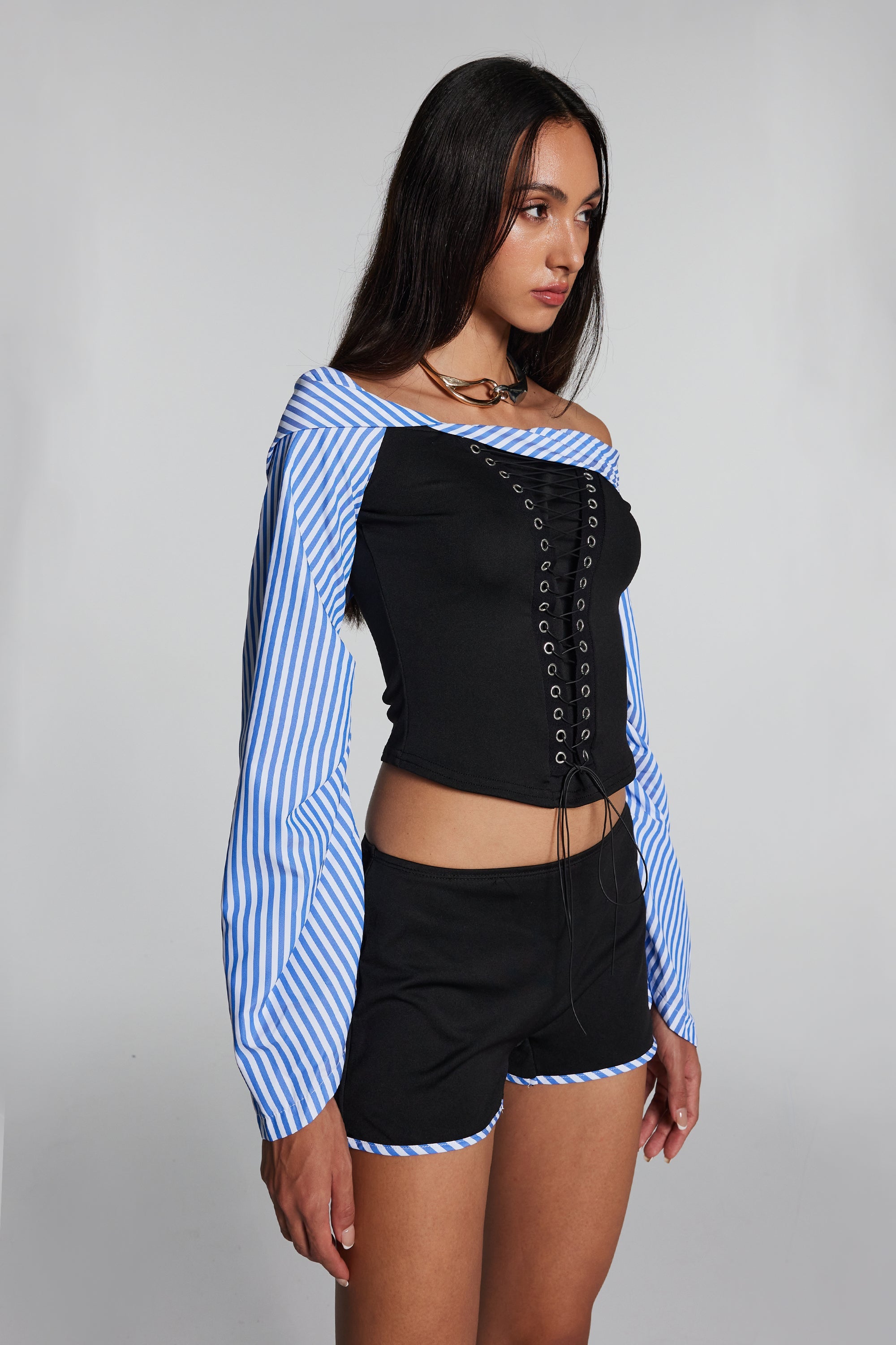 Skyla Stripe Lace Up Off Shoulder Set