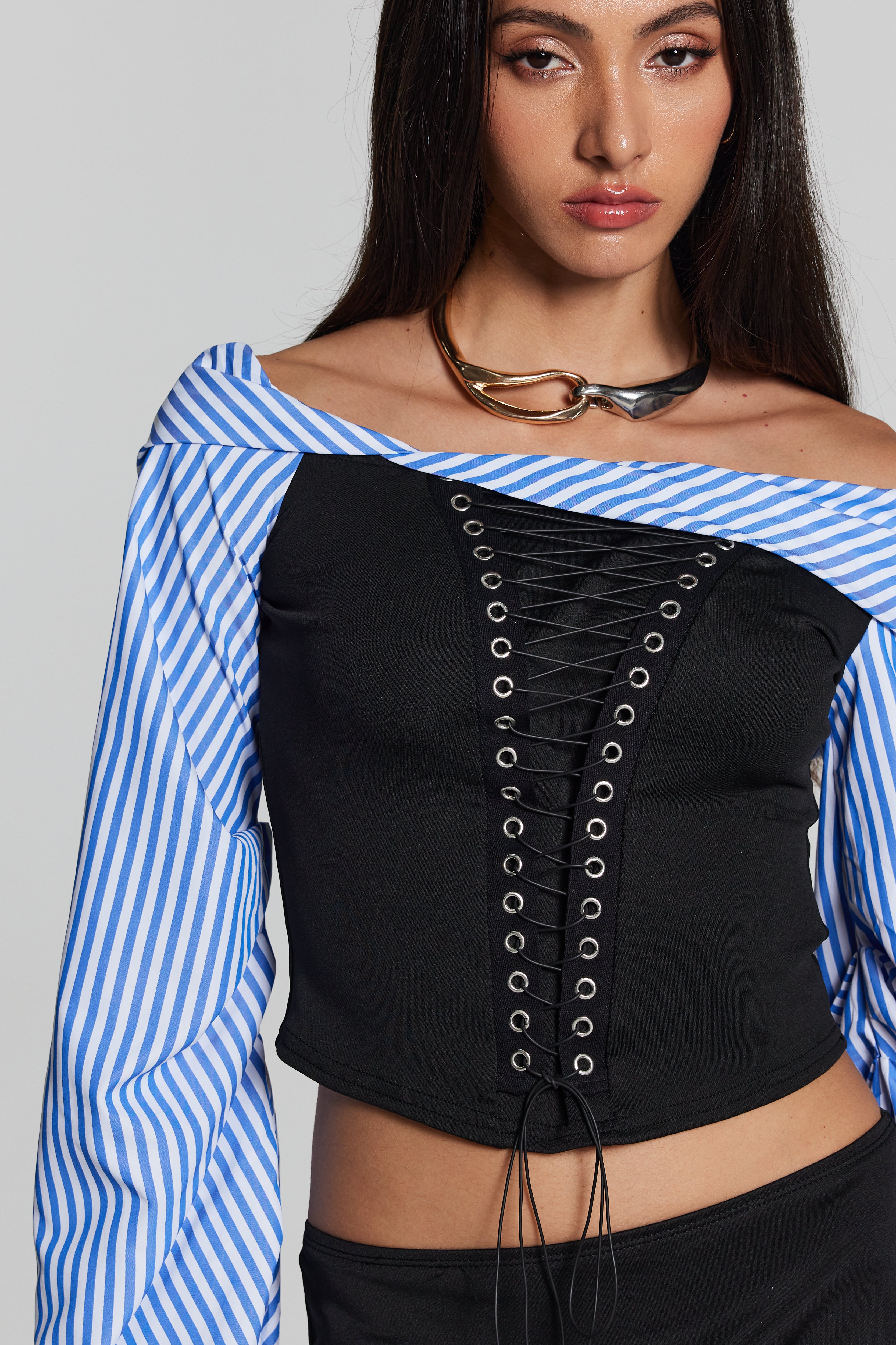 Skyla Stripe Lace Up Off Shoulder Set