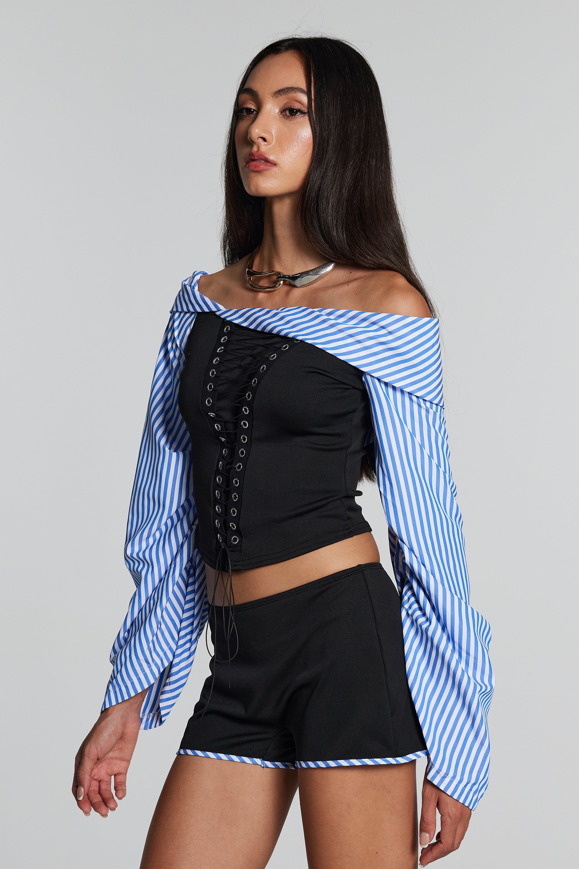 Skyla Stripe Lace Up Off Shoulder Set