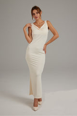 Einfarbiges, rückenfreies Hüftkleid mit Wasserfallausschnitt