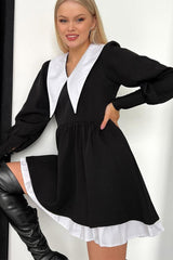 Einfarbiges Babydoll-Kleid mit V-Ausschnitt