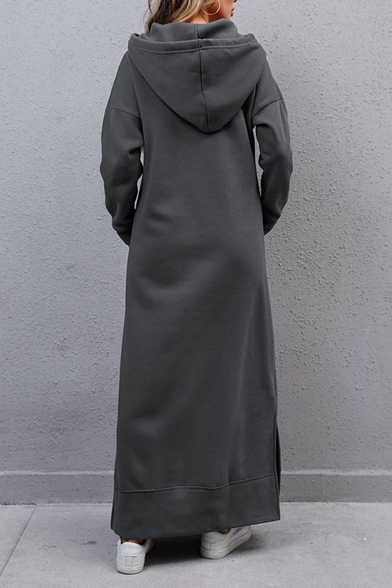 Solid Pocketed Slit Hem Hoodie Dress