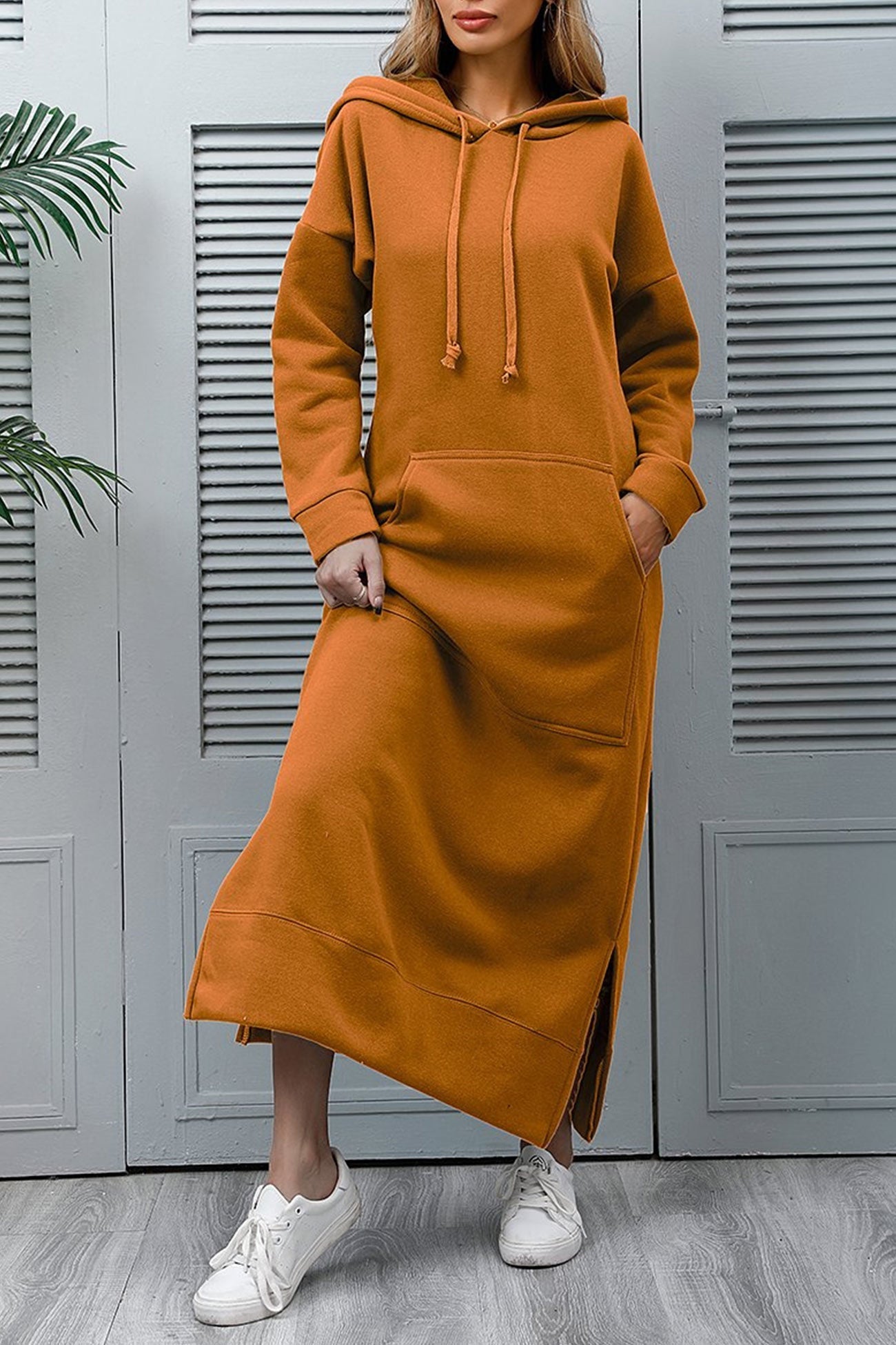 Solid Pocketed Slit Hem Hoodie Dress