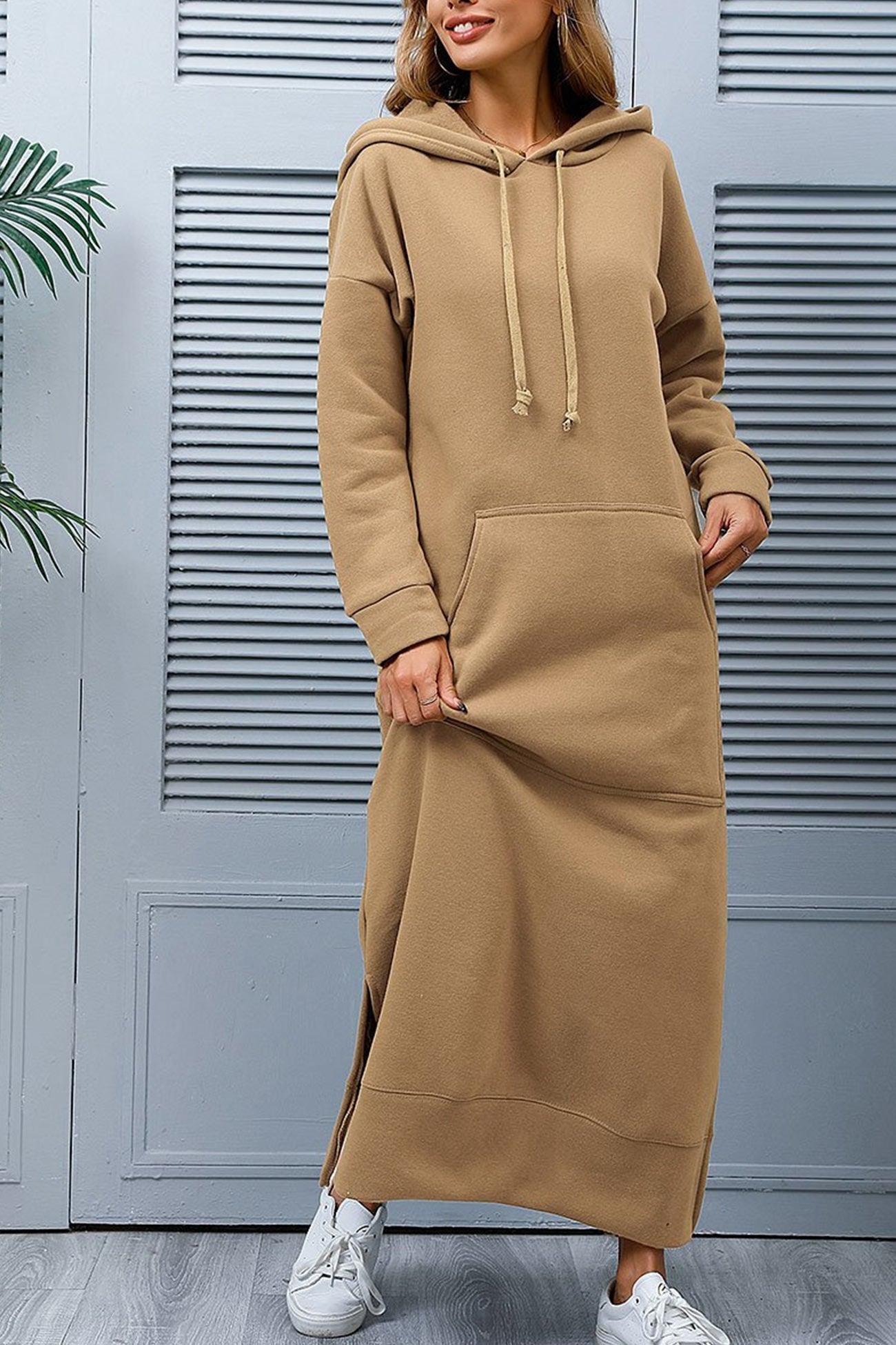 Solid Pocketed Slit Hem Hoodie Dress