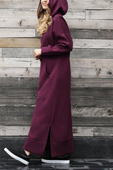 Solid Pocketed Slit Hem Hoodie Dress