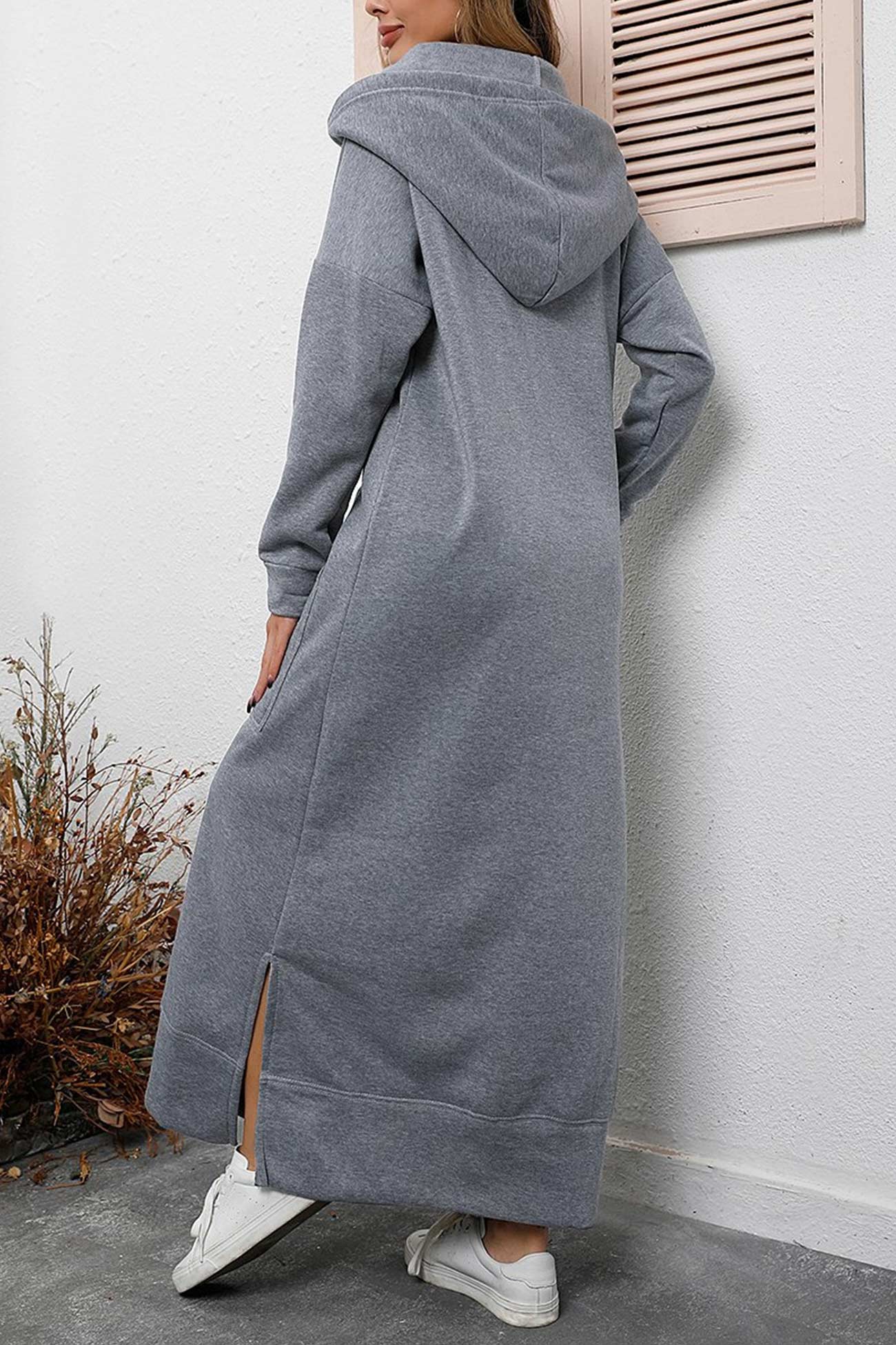 Solid Pocketed Slit Hem Hoodie Dress