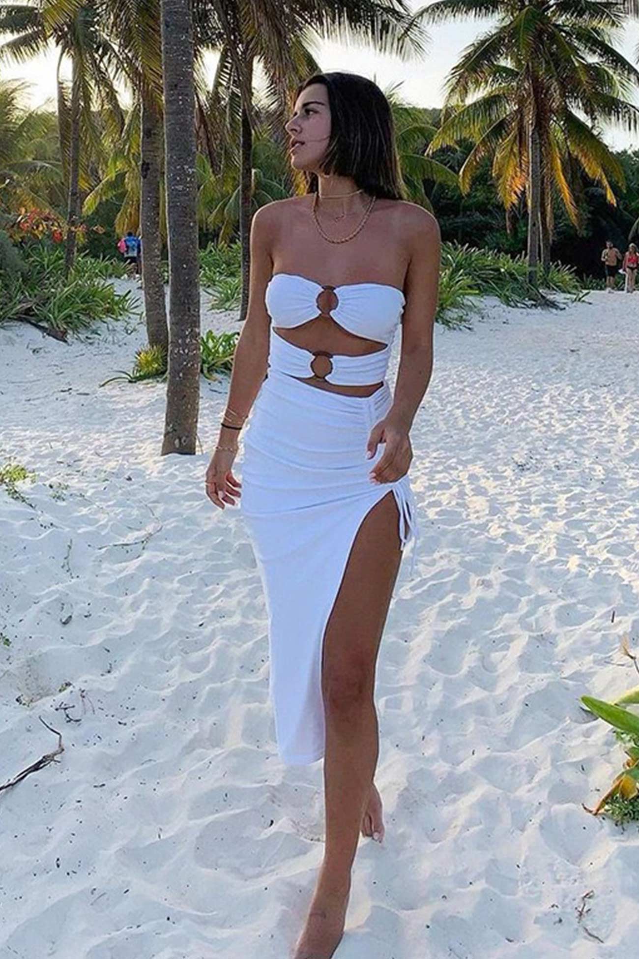 Strapless Cutout Drawstring Side Slit Dress