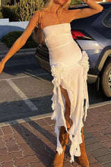 Strapless Fringe Split Midi Dress