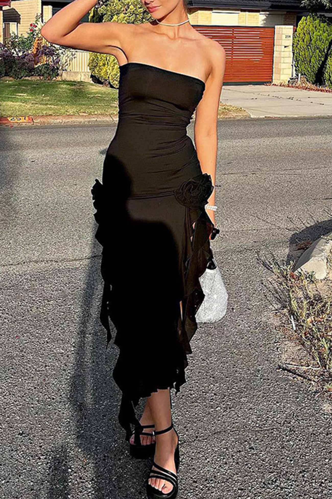 Strapless Fringe Split Midi Dress