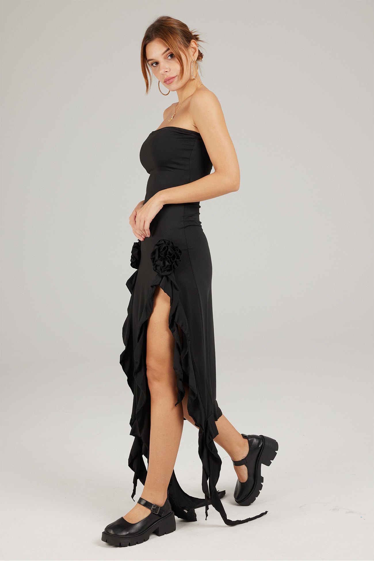 Strapless Fringe Split Midi Dress