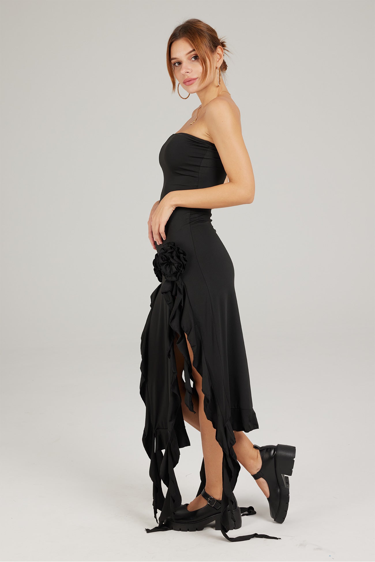Strapless Fringe Split Midi Dress