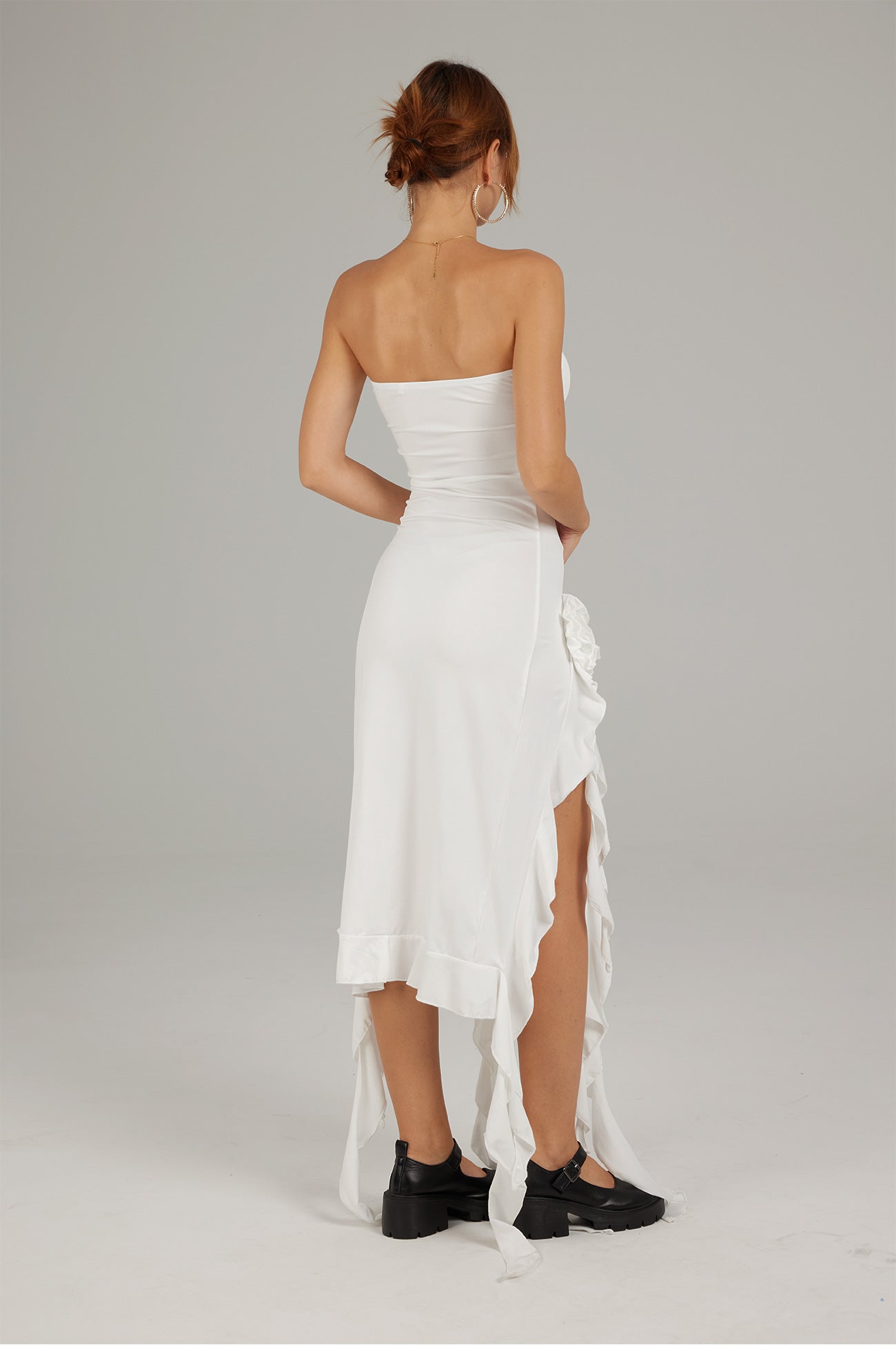 Strapless Fringe Split Midi Dress