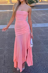 Strapless Ruched Fishtail Slit Dress