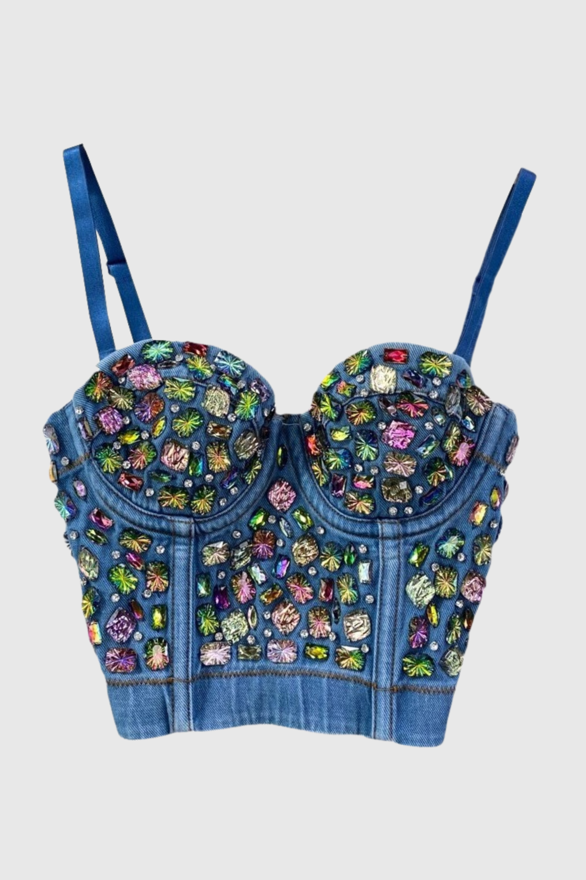 Theodora Rhinestone Embellished Corset Denim Top