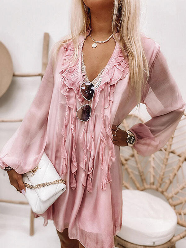 V Neck Long Trendy Sleeve Ruffle Midi Dress