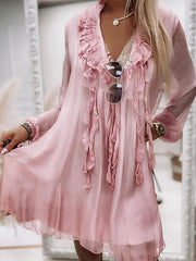 V Neck Long Trendy Sleeve Ruffle Midi Dress