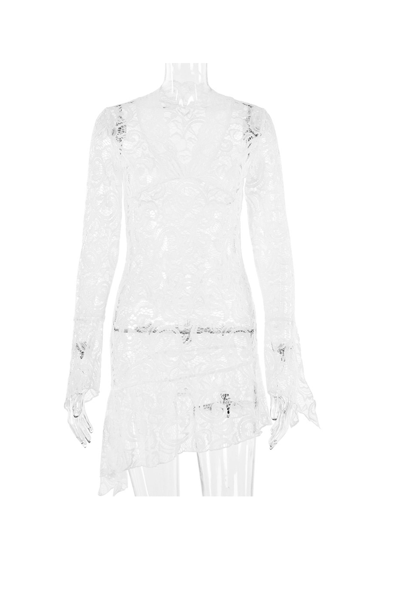 V Neck Flares Sleeve Full Lace Dress