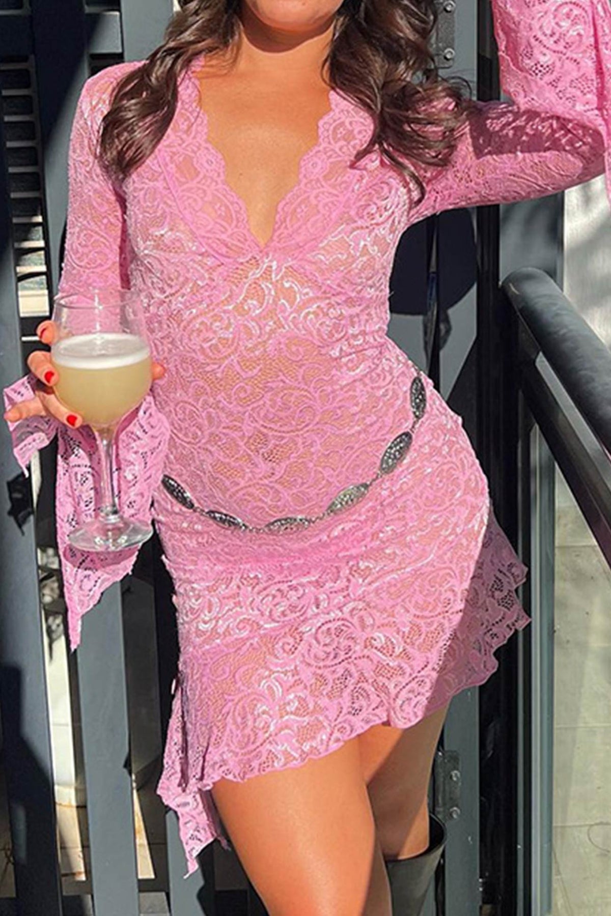 V Neck Flares Sleeve Full Lace Dress