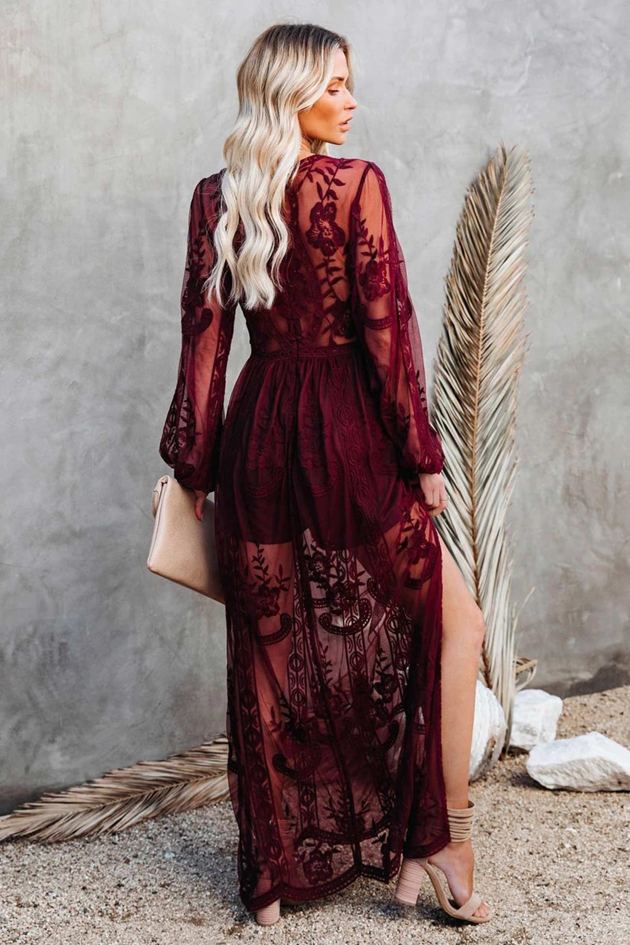 V Neck Lace Patchwork Split Maxi Dress