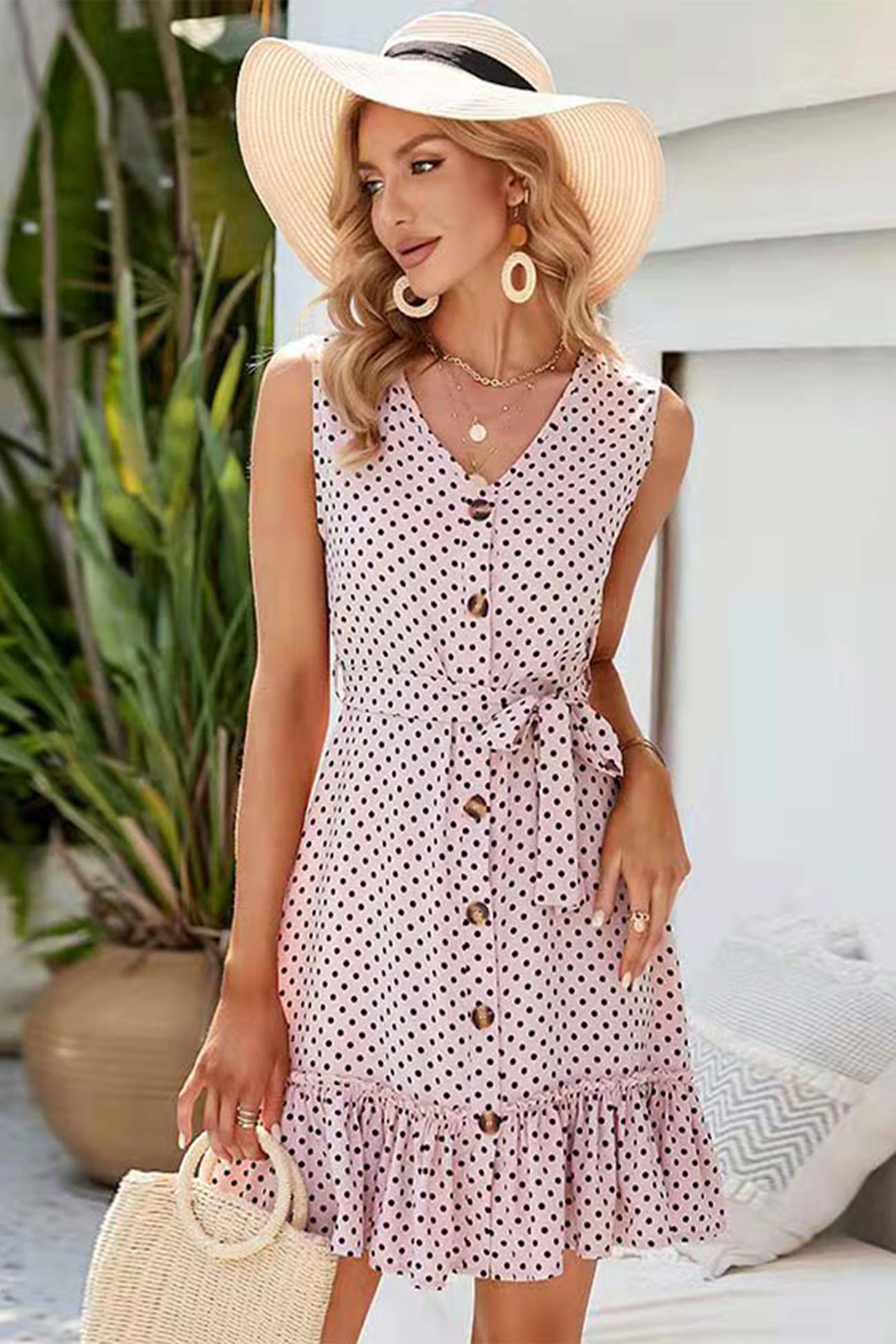 V Neck Sleeveless Polka Dots Mini Dress