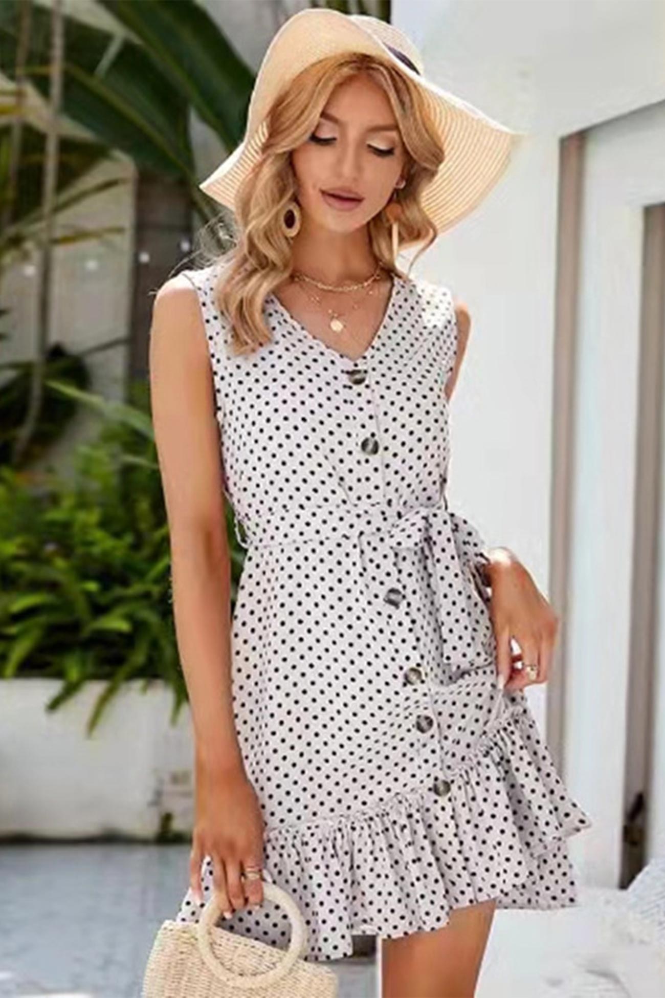 V Neck Sleeveless Polka Dots Mini Dress