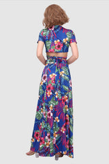 Zweiteiliges Kleid mit V-Ausschnitt, Rückenschnürung und Blattmuster