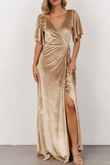 Velvet V Neck Strappy Slit Dress