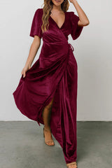 Velvet V Neck Strappy Slit Dress