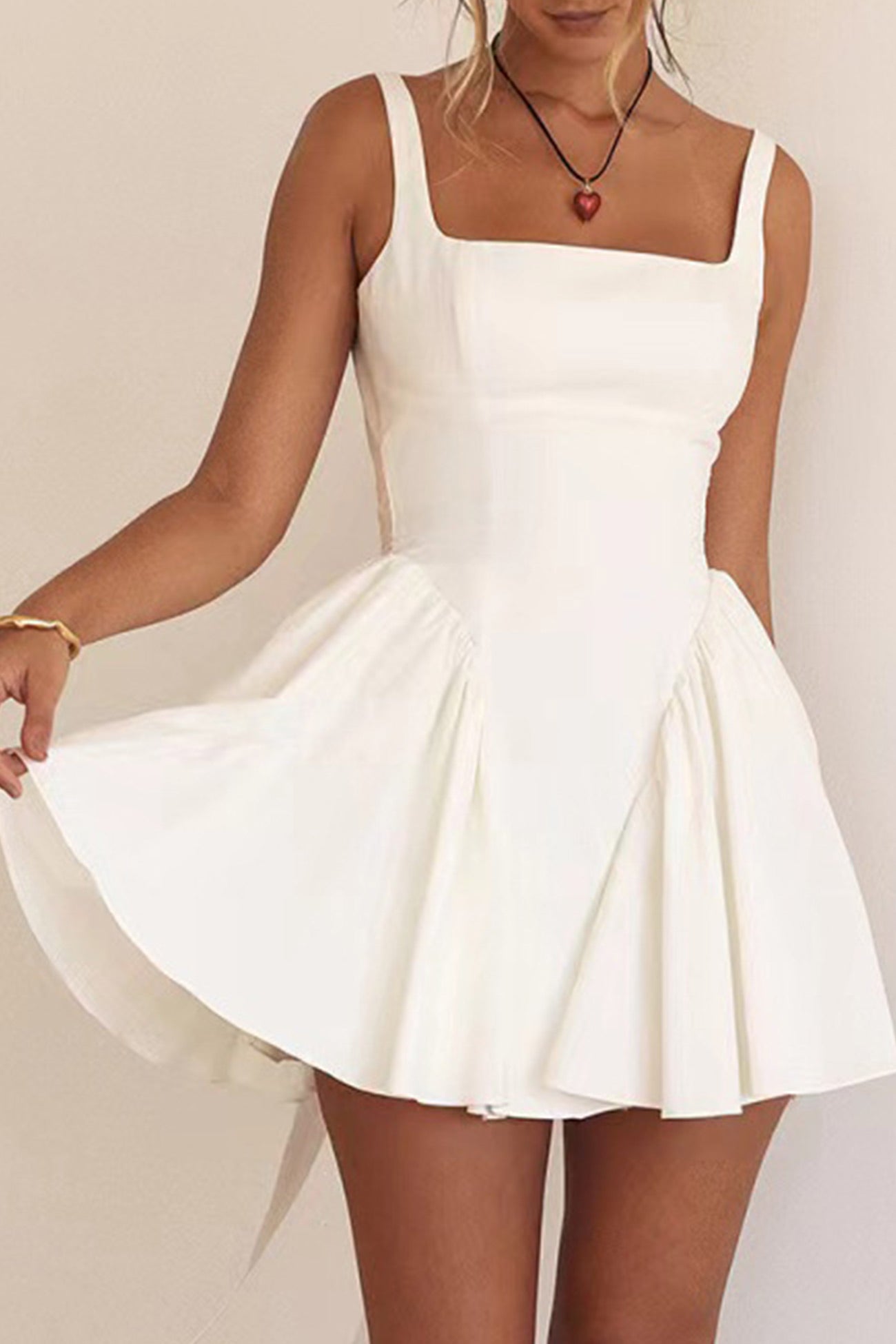 White Backless Tie-back Ruched Dress