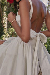 White Backless Tie-back Ruched Dress