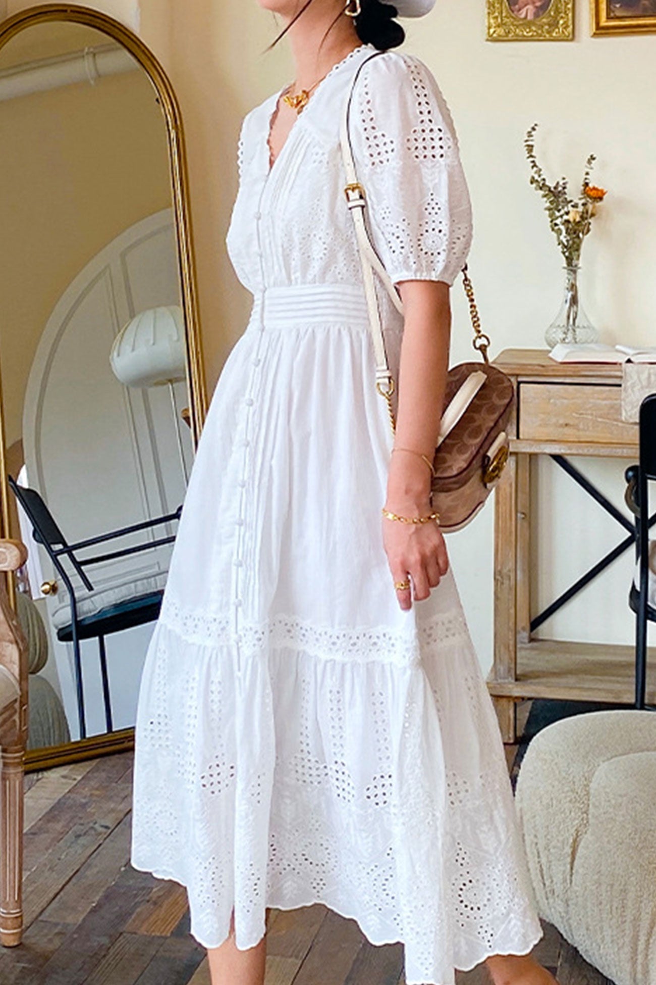 White Emroidered V-neck Maxi Dress