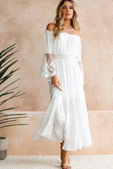 White Off Shoulder Lace Puff Sleeve Dress