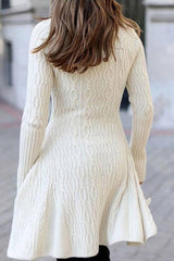 White Turtleneck Cable Knit Ruffled Mini Dress