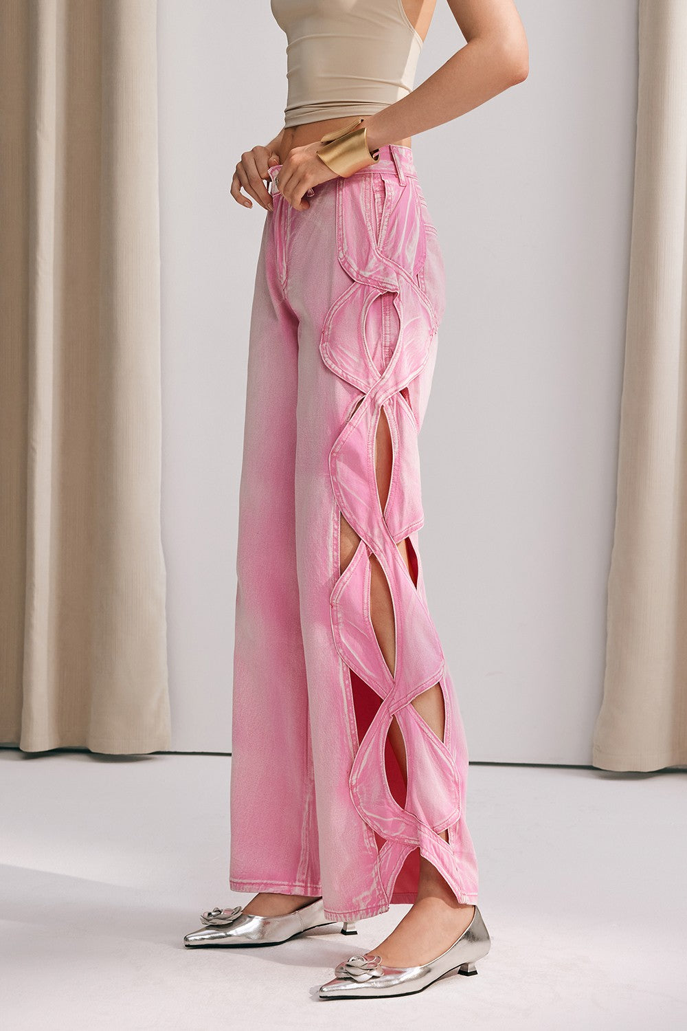 Yana Hollow Weave Wide Leg Jeans In Pink