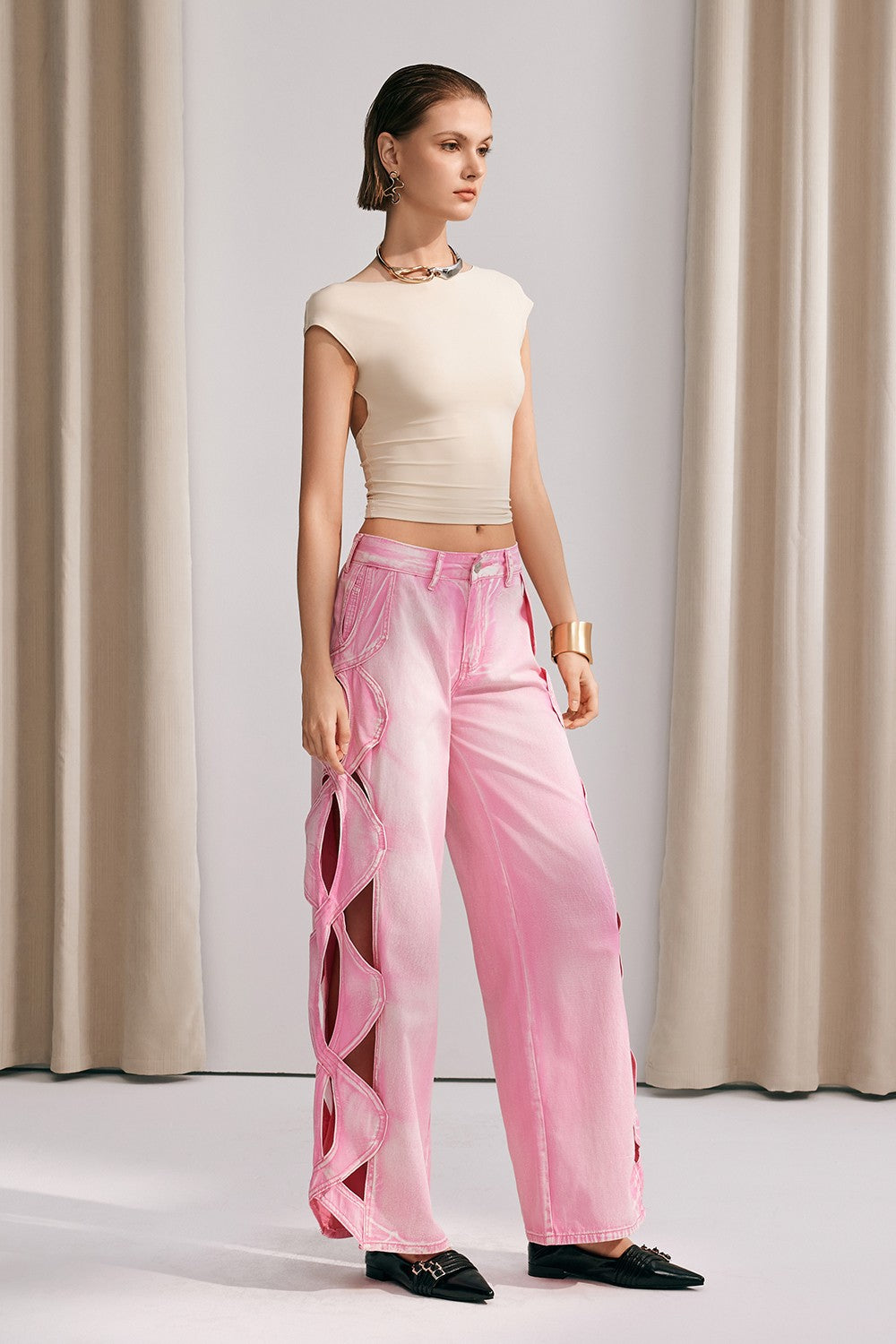 Yana Hollow Weave Wide Leg Jeans In Pink