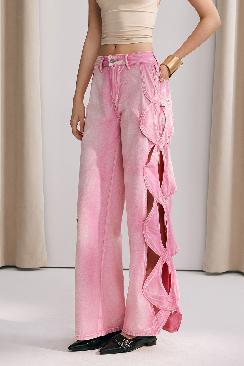 Yana Hollow Weave Wide Leg Jeans In Pink