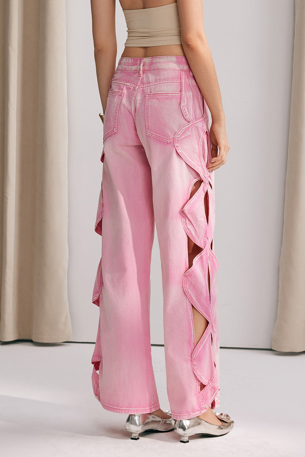 Yana Hollow Weave Wide Leg Jeans In Pink